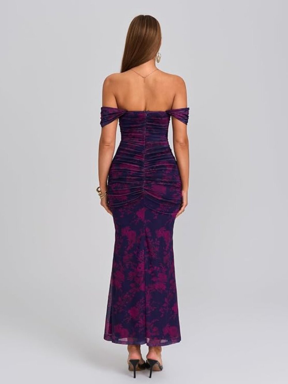 KUTUMAI Off The Shoulder Maxi Long Dress Corset Ruched Bodycon Cocktail Formal - Picture 3 of 9